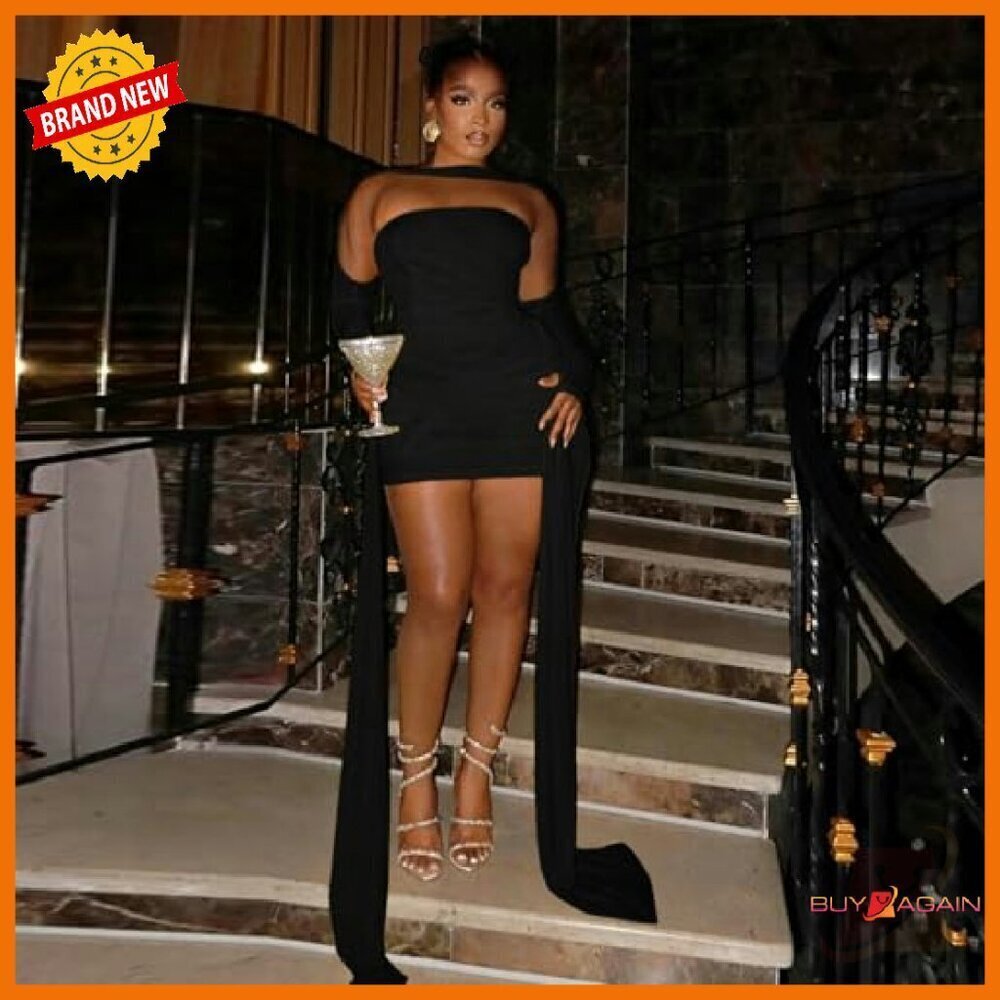 Strapless Mesh Mini Dress Bodycon Ruched Side Ribbons Bandage - Picture 5 of 8
